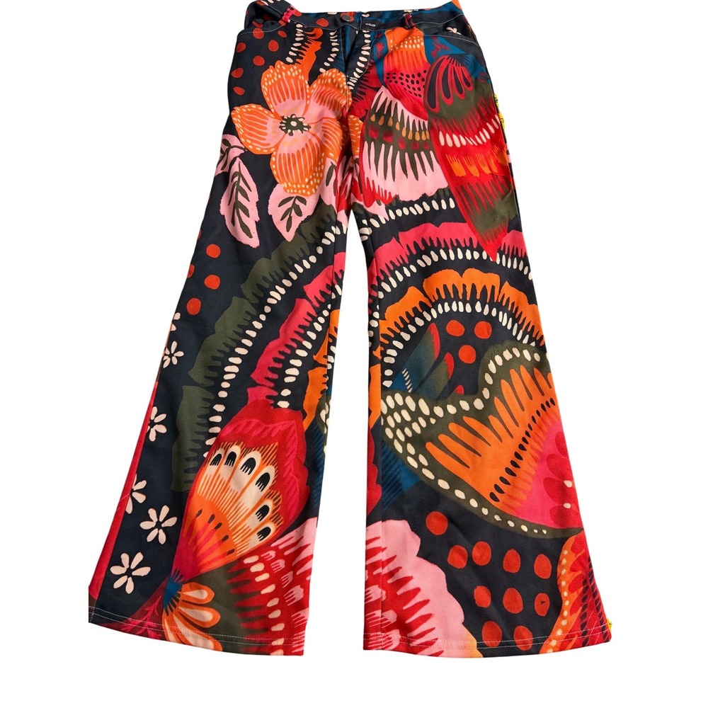Unbranded Tropical Floral Butterfly Wide Leg Pants Red Orange Navy Medium